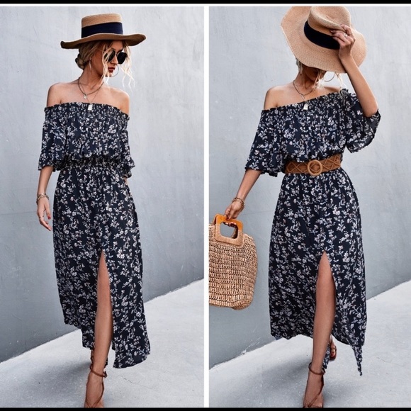 Floral Front Slit Off-Shoulder Maxi Dress - Picture 2 of 2